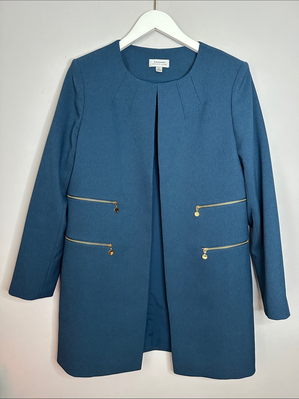 Tahari Teal Open-Front Zip-Pocket Trench Coat